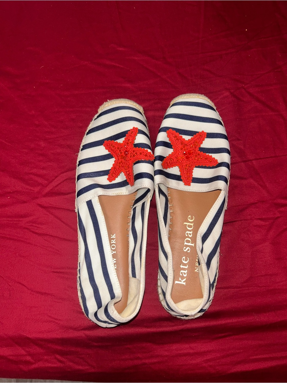 Kate Spade Navy and White Striped Espadrilles with Red Starfish
